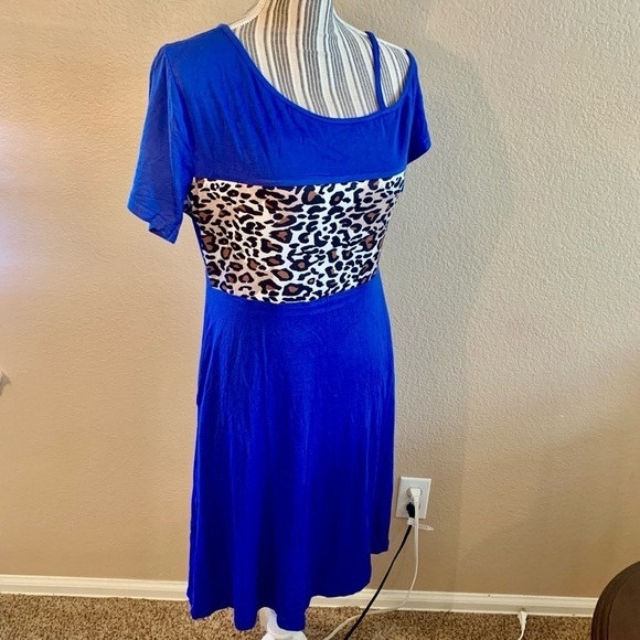 NWT Mini Dress Large Bikatu Royal Blue Animal Panel Asymmetrical Shoulders - Picture 5 of 14
